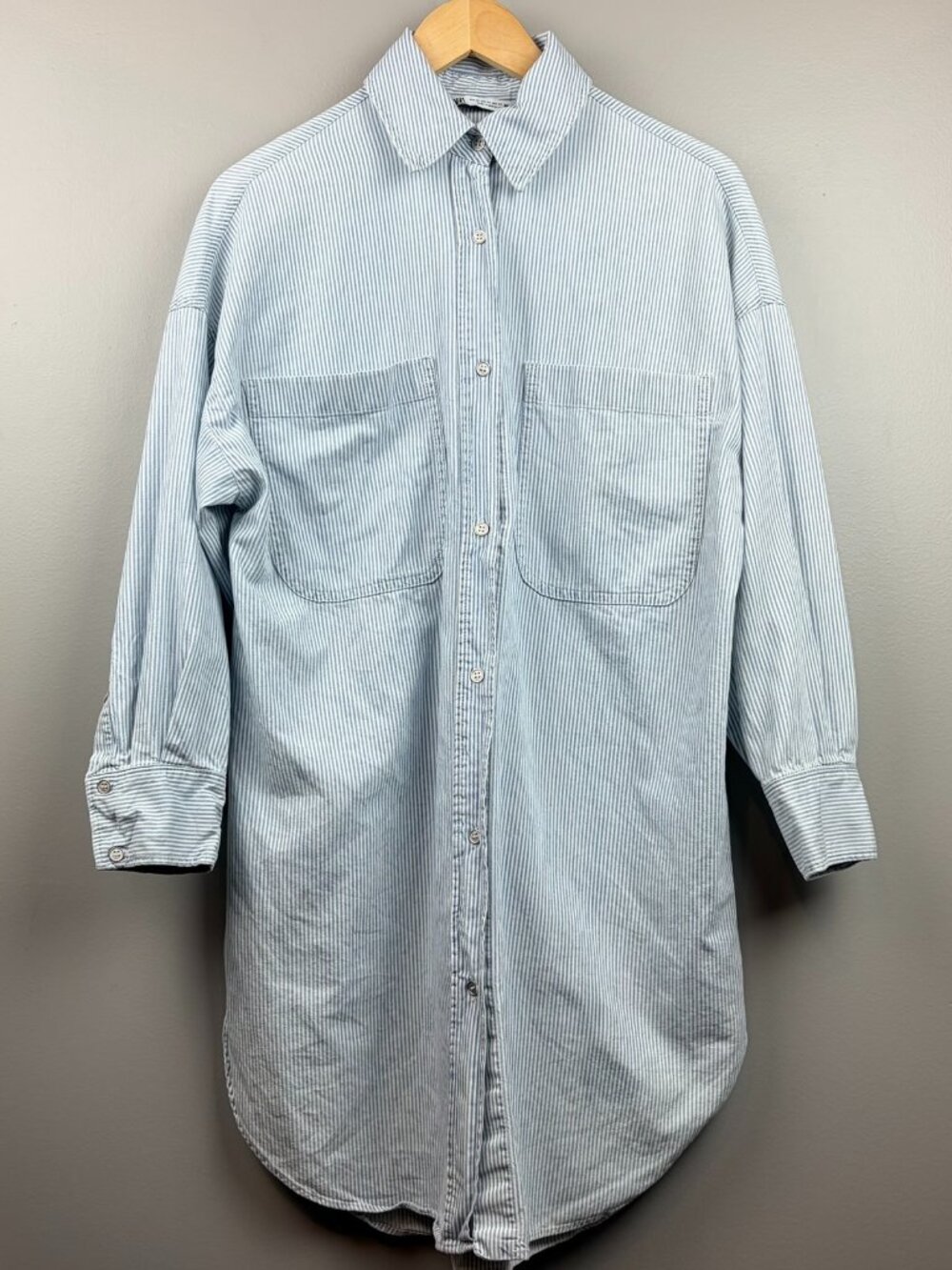 Zara Blue & White Oversized Long Sleeve Shirt Dress Size XS